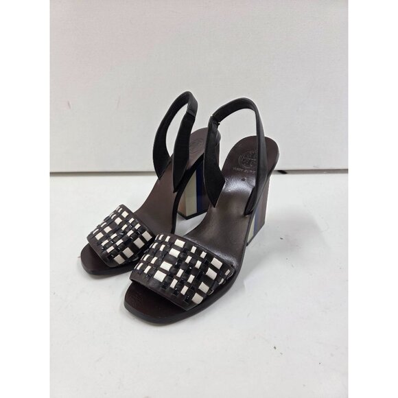 Tory Burch Emori Leather Open Toe Wooden Block Heel Slingback Size 6.5 - Picture 3 of 10